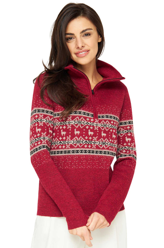 Alpaka Damen Troyer NEVADO in Rot mit weißen Wintermotiven – festlicher Pullover aus 100% Baby Alpaka