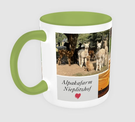 Alpaka-Tasse vom Nieplitzhof – 325 ml Keramiktasse in Grün mit Alpakamotiv