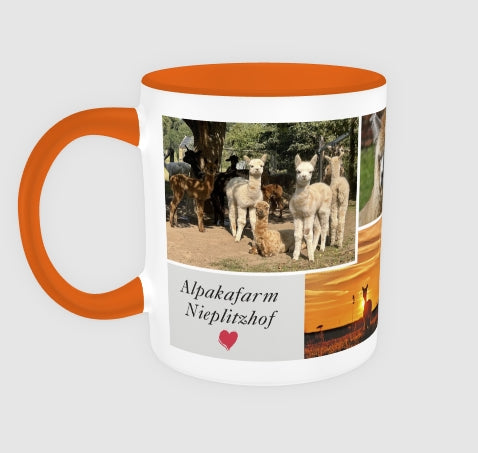 Alpaka-Tasse vom Nieplitzhof – 325 ml Keramiktasse in Orange mit Alpakamotiv