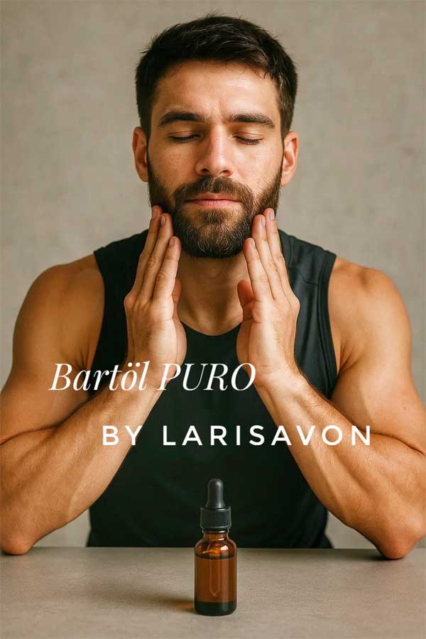 Mann mit gepflegtem Bart trägt das Bartöl PURO von LARISAVON auf, indem er es sanft in die Gesichtshaut einmassiert. Vor ihm steht eine braune Glasflasche mit Pipette – hochwertiges, natürliches Bartöl für weiche Barthaare, gesunde Haut und stilvolle Männerpflege.