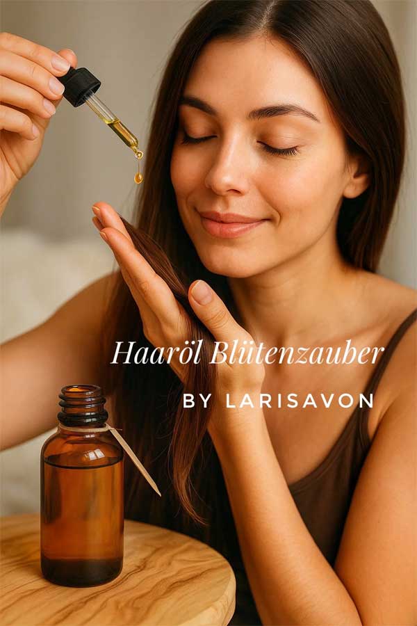 Frau mit langen, braunen Haaren trägt mit einer Pipette das Haaröl Blütenzauber von LARISAVON auf. Sie hält eine Haarsträhne in der Hand und lächelt entspannt. Neben ihr steht eine braune Glasflasche mit dem natürlichen Pflegeöl auf einem Holztisch – ideal für gesunde, glänzende Haare mit floralem Duft.