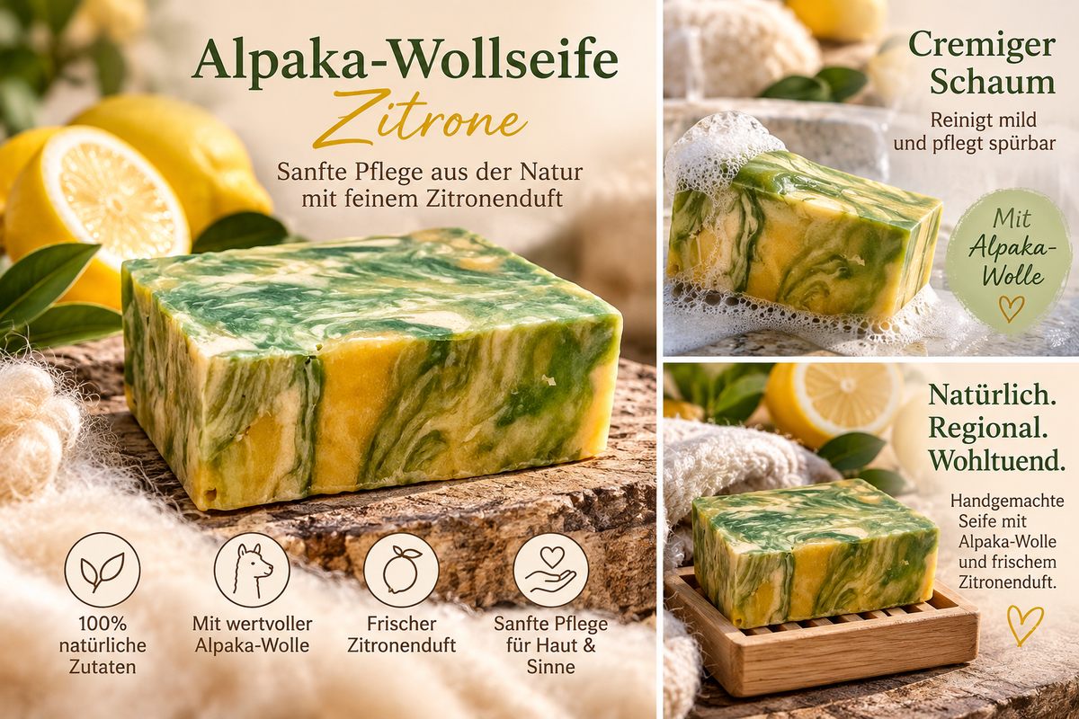 Alpaka-Wollseife Zitrone grün-gelb marmoriert aus natürlichen Zutaten