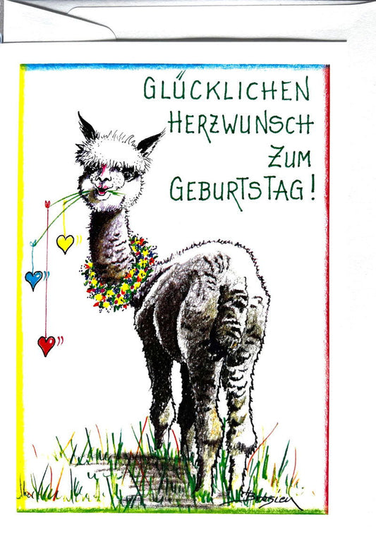 Glücklichen Herzwunsch - Alpaka Geburtstagskarten von Heidemarie Brosien - Alpakawolletraum.com