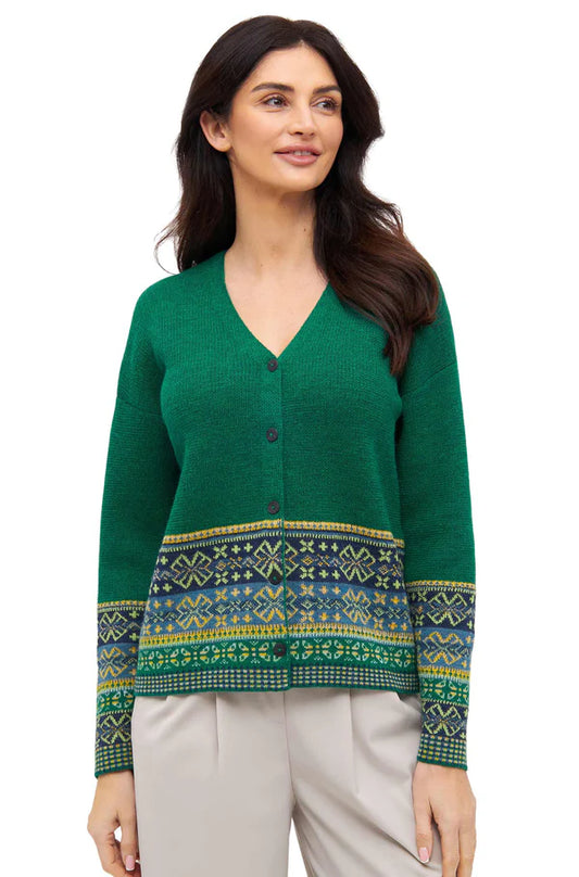 Alpaka Strickjacke Damen COLORES ANDEN – Limited Edition Baby Alpaka Cardigan mit Fair-Isle-Muster in Smaragdgrün