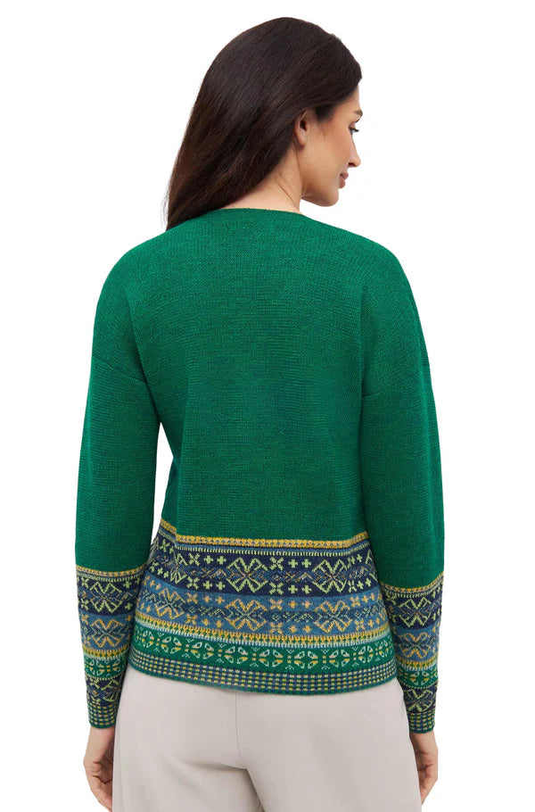 Alpaka Strickjacke Damen COLORES ANDEN – Limited Edition Baby Alpaka Cardigan mit Fair-Isle-Muster in Smaragdgrün