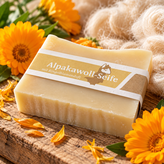 Handgemachte Alpaka-Wollseife mit zartem Ringelblumenduft
