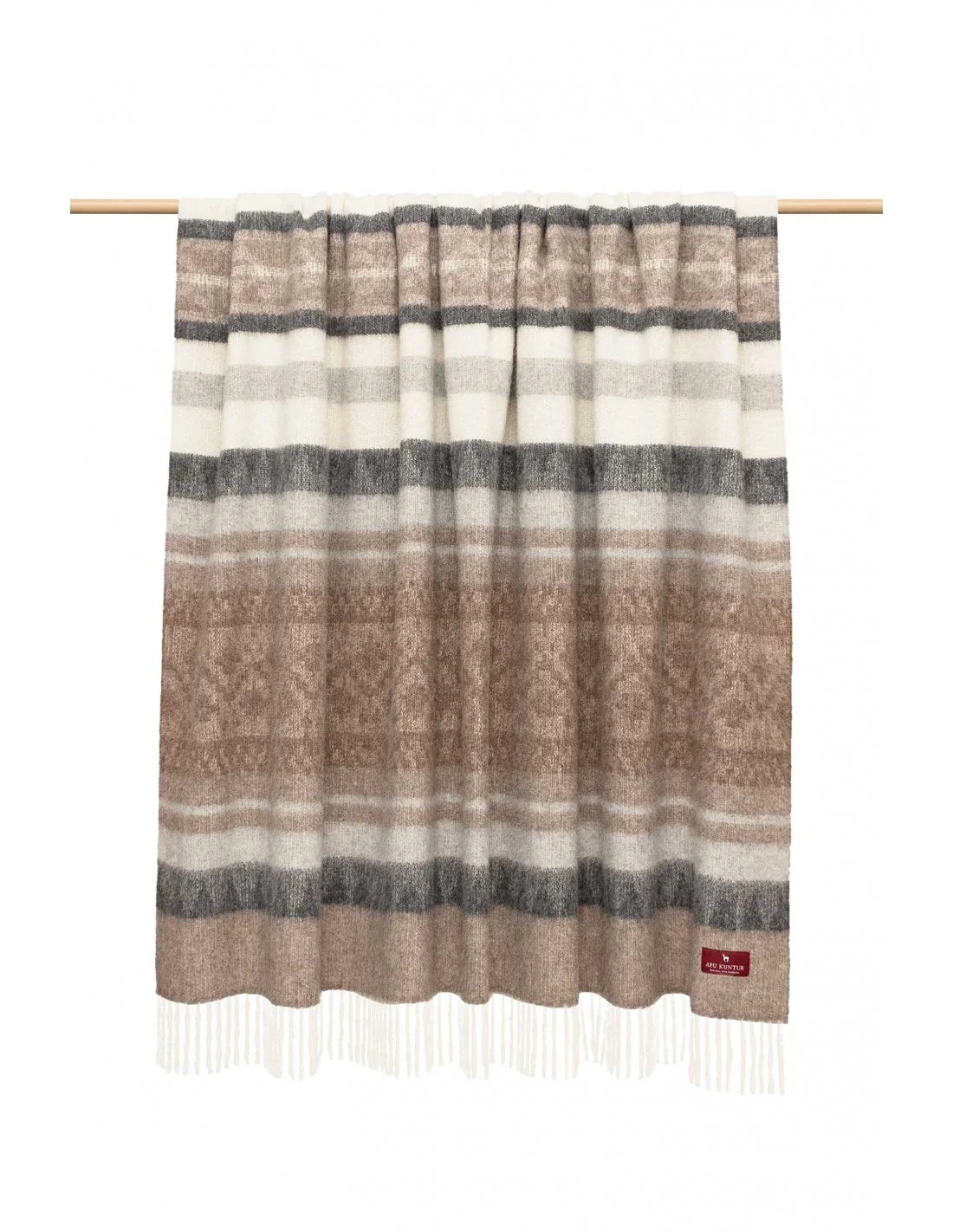 Weiche Alpaka-Decke MUNDO in natürlichen Farben – Blockstreifen, Jacquard-Muster und lange Fransen für einen stilvollen Look