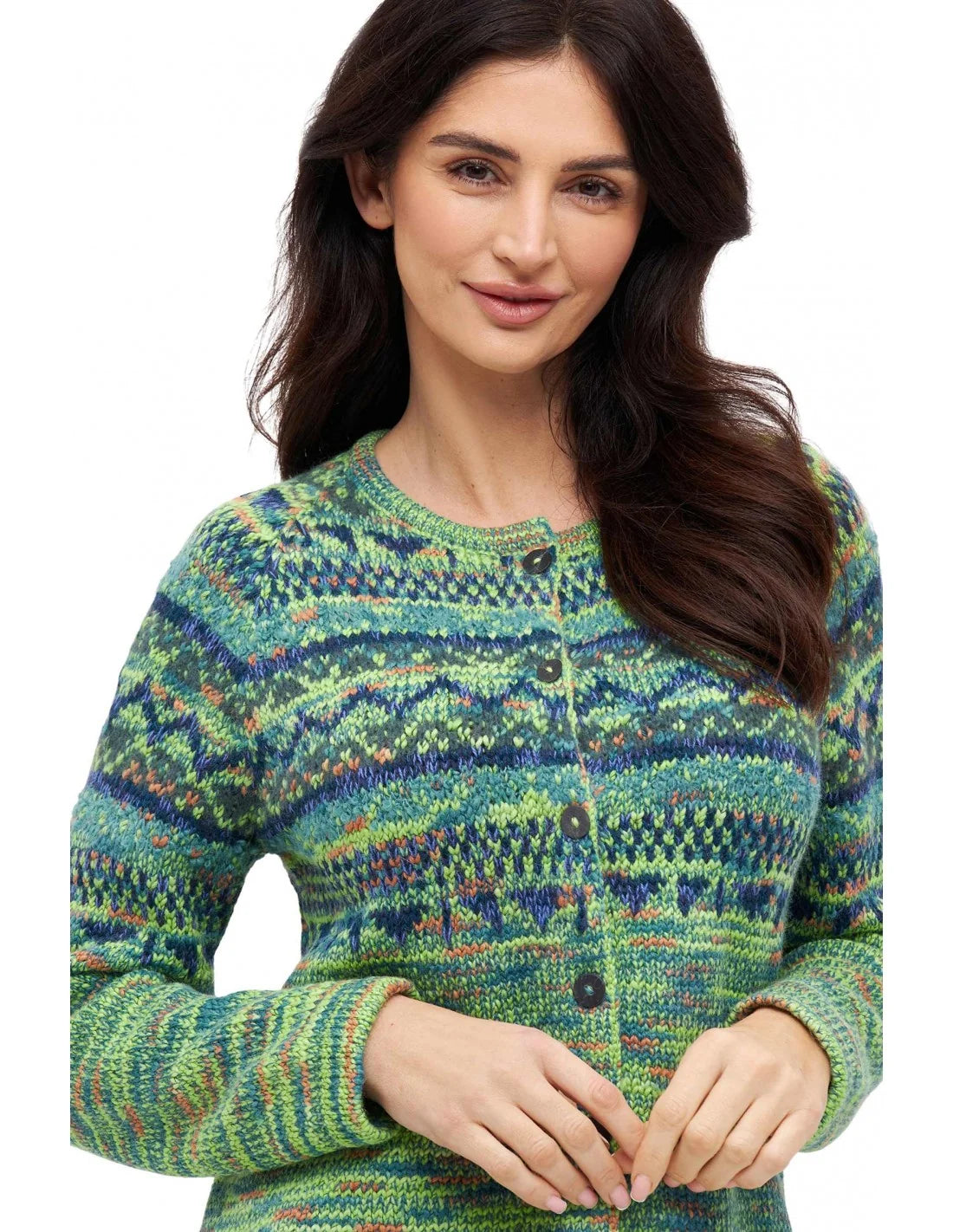 Knopfleiste und Passform der Alpaka Strickjacke COLORES ANDEN