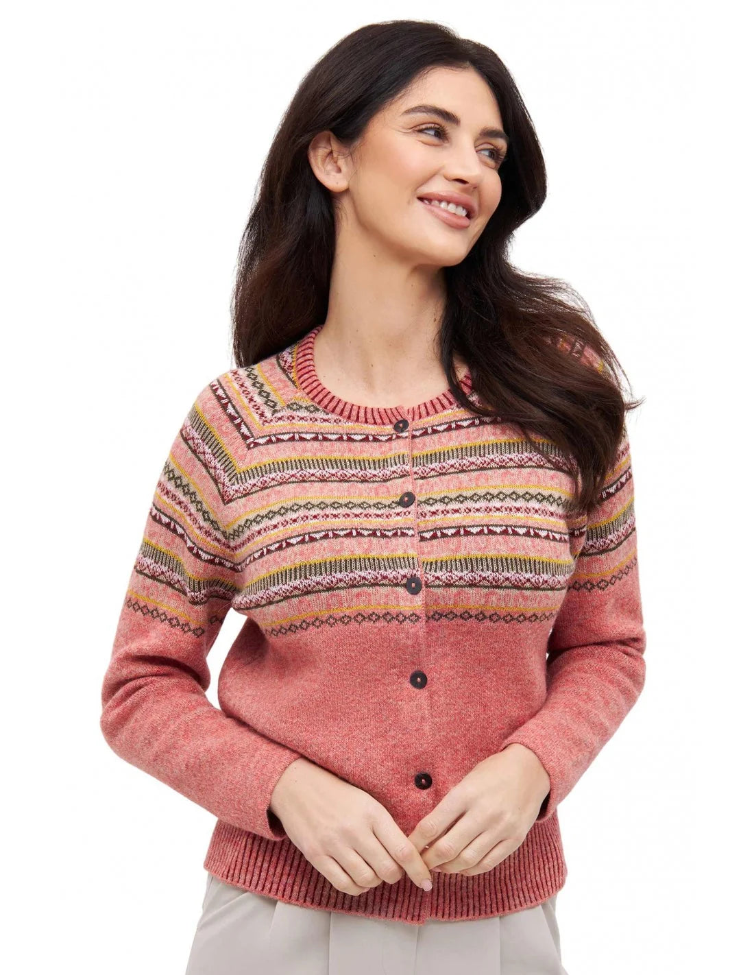 Detailansicht Rosé- und Erdtöne der Baby Alpaka Strickjacke COLORES ANDEN