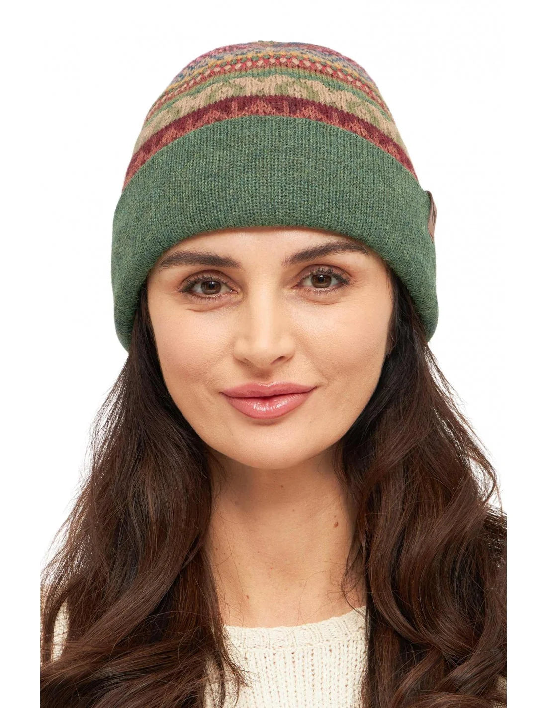 Alpaka Wendemütze in Grün und Ethno-Design – hochwertige Baby-Alpaka-Mütze aus Peru